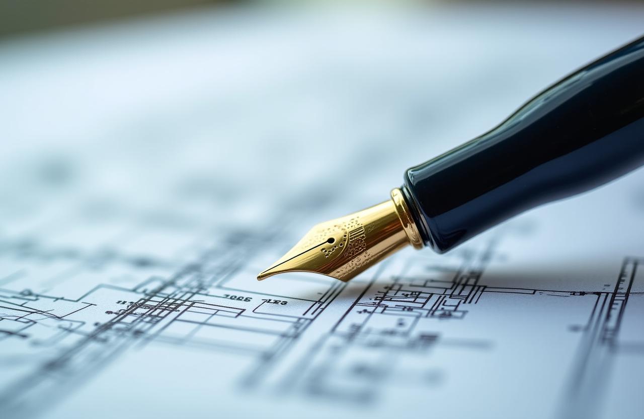 Close-up of technical architectural drawings and a legal fountain pen