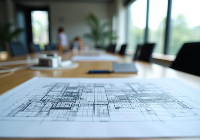 Architectural studio with blueprints and models