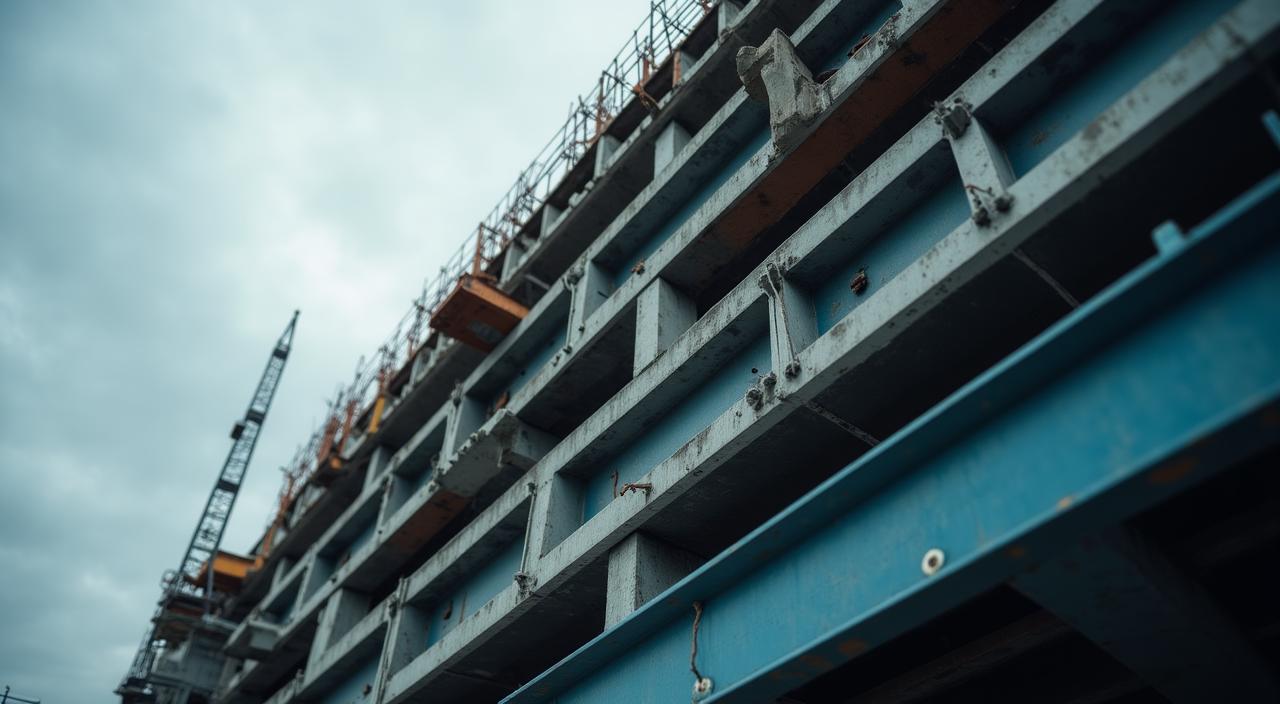 Construction site with stacked steel beams under a cloudy sky